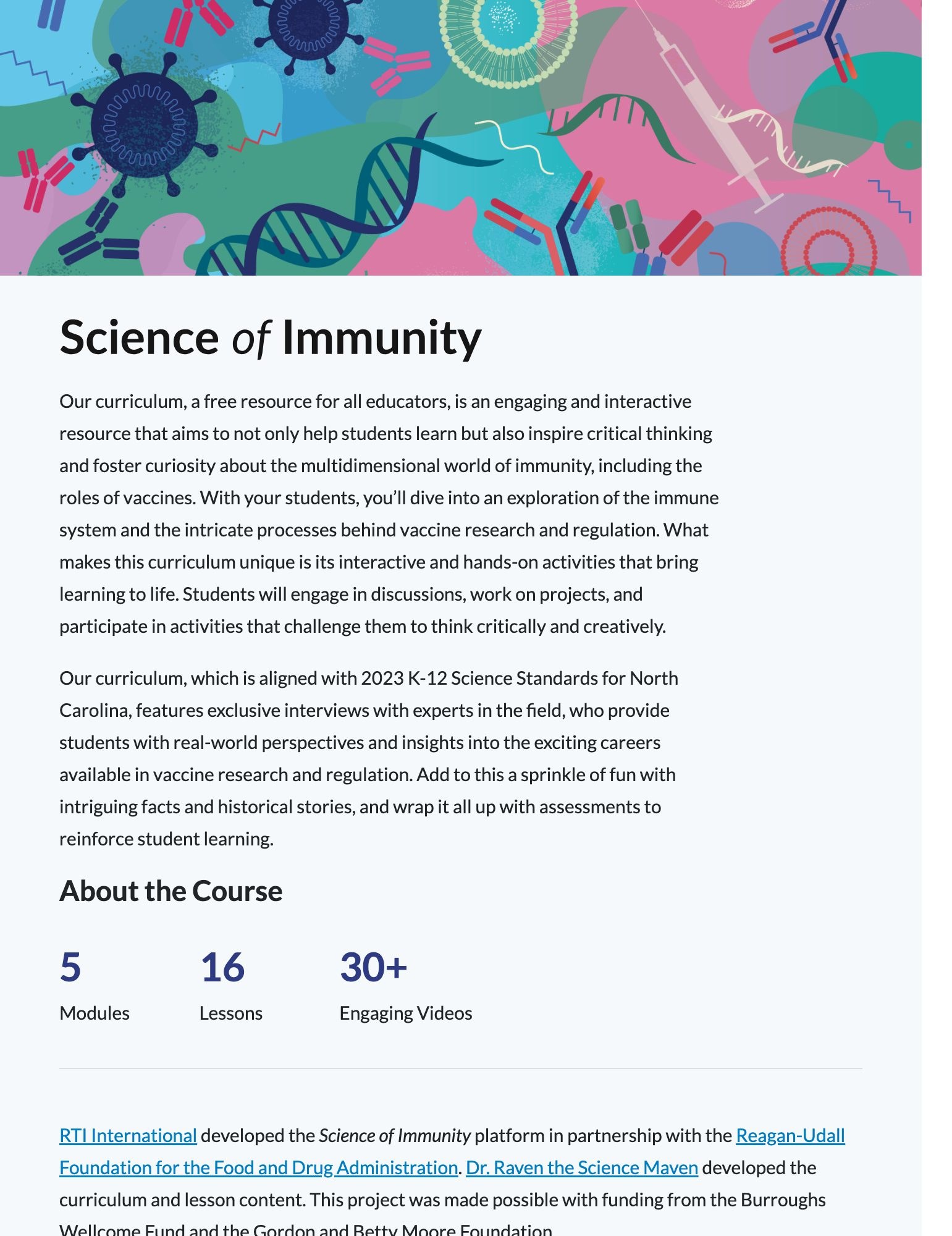 The Science of Immunity curriculum homepage, with a colorful illustration of antibodies, viruses, and DNA above the course description