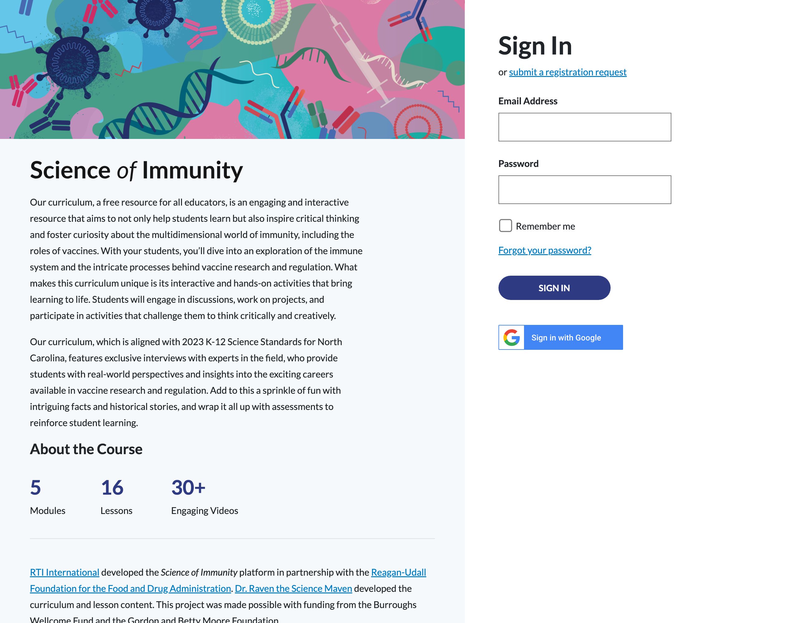 The Science of Immunity curriculum homepage, with a colorful illustration of antibodies, viruses, and DNA above the course description